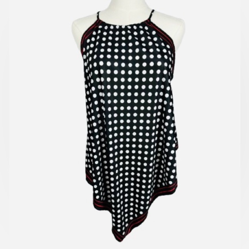 Zara Black and White Polka Dot Top with Red Accents Size M